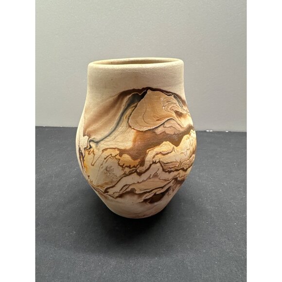 Nemadji PotteryHandcrafted USA Pottery Vase With Marbled Design In Brown Earthy - Picture 1 of 8